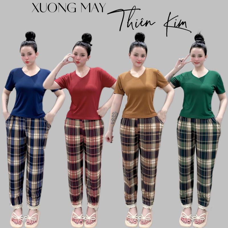bộ đồ dài nữ quần sọc caro, áo cổ tim tay ngắn. Đa dạng màu sắc, có size từ 45-75kg