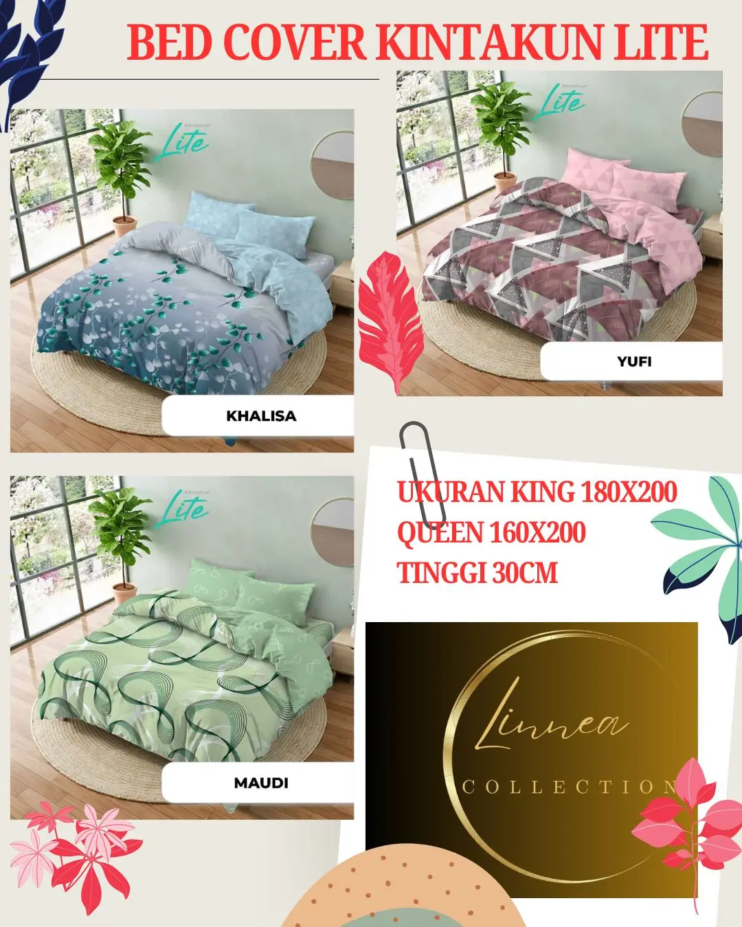 Bedcover set KINTAKUN LITE uk. King 180x200 Queen 160x200 Tinggi 30cm Flat Sprei Motif Beragam