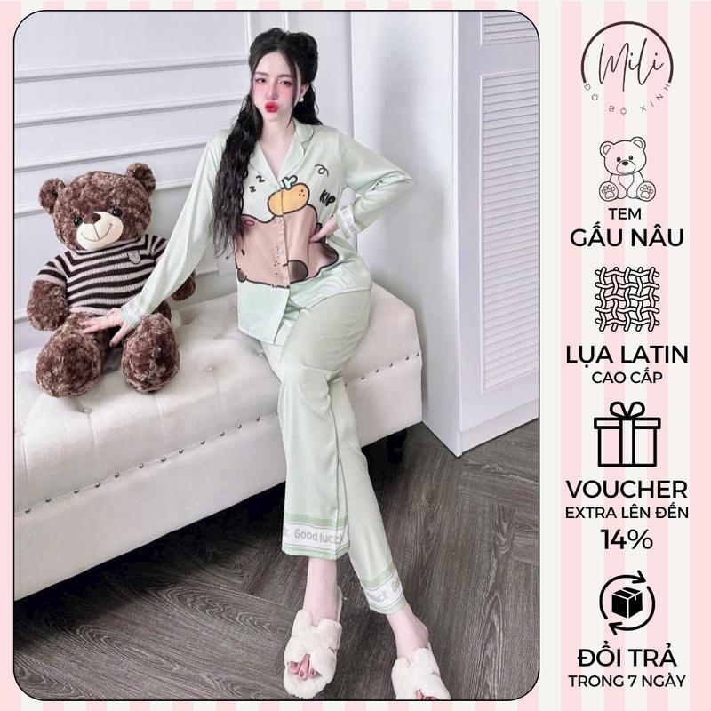 Tem Gấu Nâu Đồ Bộ Pijama Nữ Big Size MiLi – Lụa Latin Cao Cấp Áo Tay Dài In Capybara Đáng Yêu Quần Dài Có Túi Đồ Ngủ Xinh
