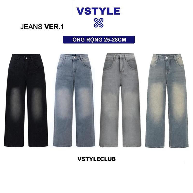 VSTYLE - Quần Jeans Suông Ống Rộng Wash Cạp Cao ,Form Rộng ,Quần Bò Ống Rộng Suông Lưng Cao , Form Unisex Nam Nữ