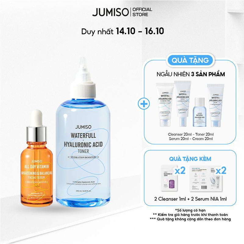 Bộ Đôi Sáng Da Và Cấp Ẩm JUMISO: All Day Vitamin Brightening & Balancing Facial Serum 30ml + Waterfull Hyaluronic Acid Toner 250ml