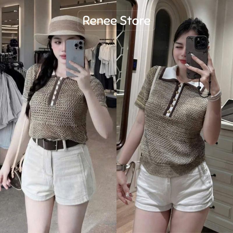 Áo polo len lưới sợi nhũ áo len cộc tay cổ cài cúc Renee Store - Al1939
