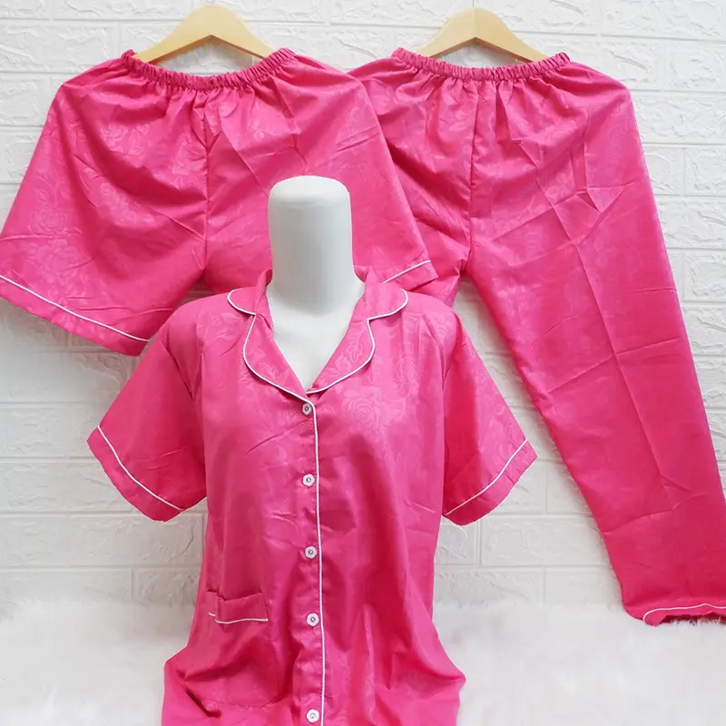 Baju Tidur Piyama Wanita Cewek Pajamas Dewasa Katun Motif Embos Celana 3in1 5