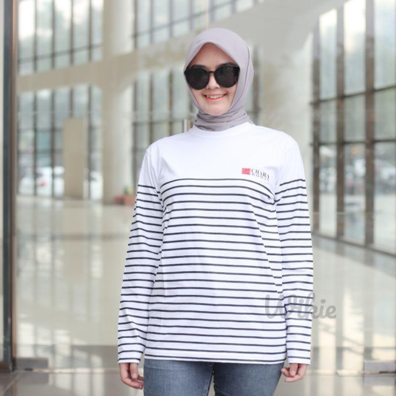 Terlaris Kaos Wanita Salur Lengan Panjang Atasan Wanita Hijab Salur Baju Belang Kaos stripe Wanita Kaos Ootd 4