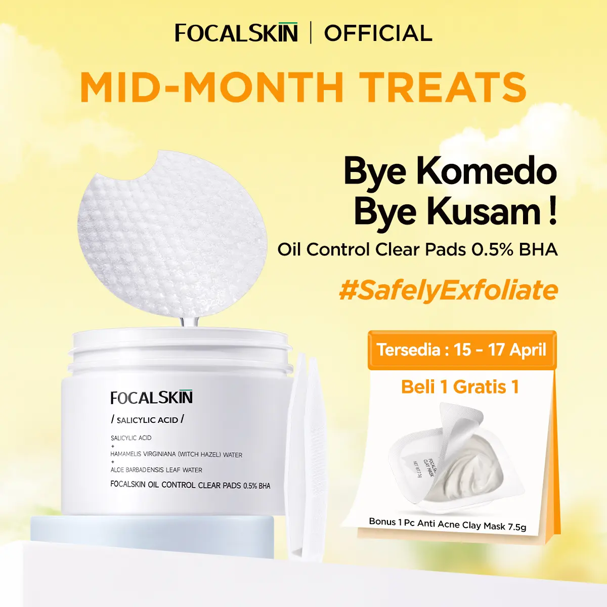 FOCALSKIN Acne Safely Exfoliate Clear Pad 60 pads Kapas Exfoliating Pad 0.5% Salicylic Acid Eksfoliasi Wajah Cleaning Toner Pad Exfo Pad Untuk Berjerawat Bruntusan
