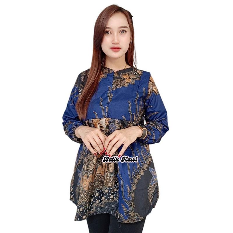 Blouse Atasan Batik Resleting Depan Lengan Panjang Pakai Karet M L XL XXL Katun Baju Wanita Motif Muslim 2