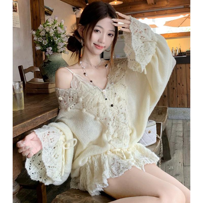 HÀNG QC Áo len kiểu nữ chất dệt kim AL715A dáng cardigan form rộng dài tay cách điệu họa tiết bánh bèo thu đông Hàn Quốc Kozoda