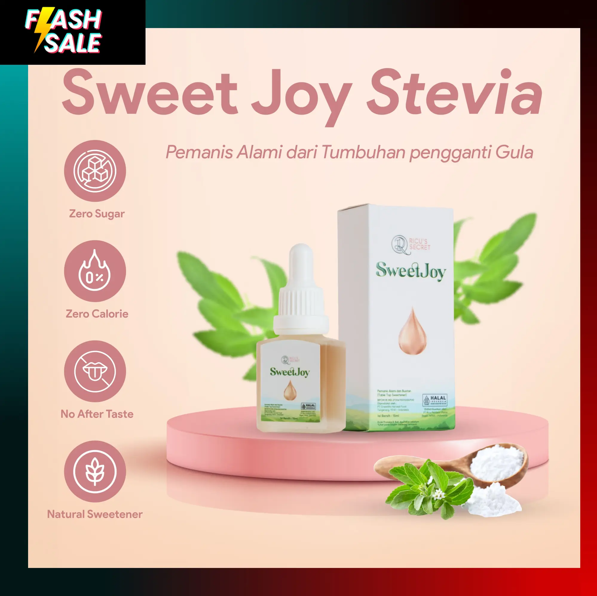 [FLASH SALE] RICU'S SECRET Sweet Joy Stevia Natural Table Top Sweetener 0 Gula & 0 Kalori Pengganti Gula HALAL & BPOM 15ml No After Taste