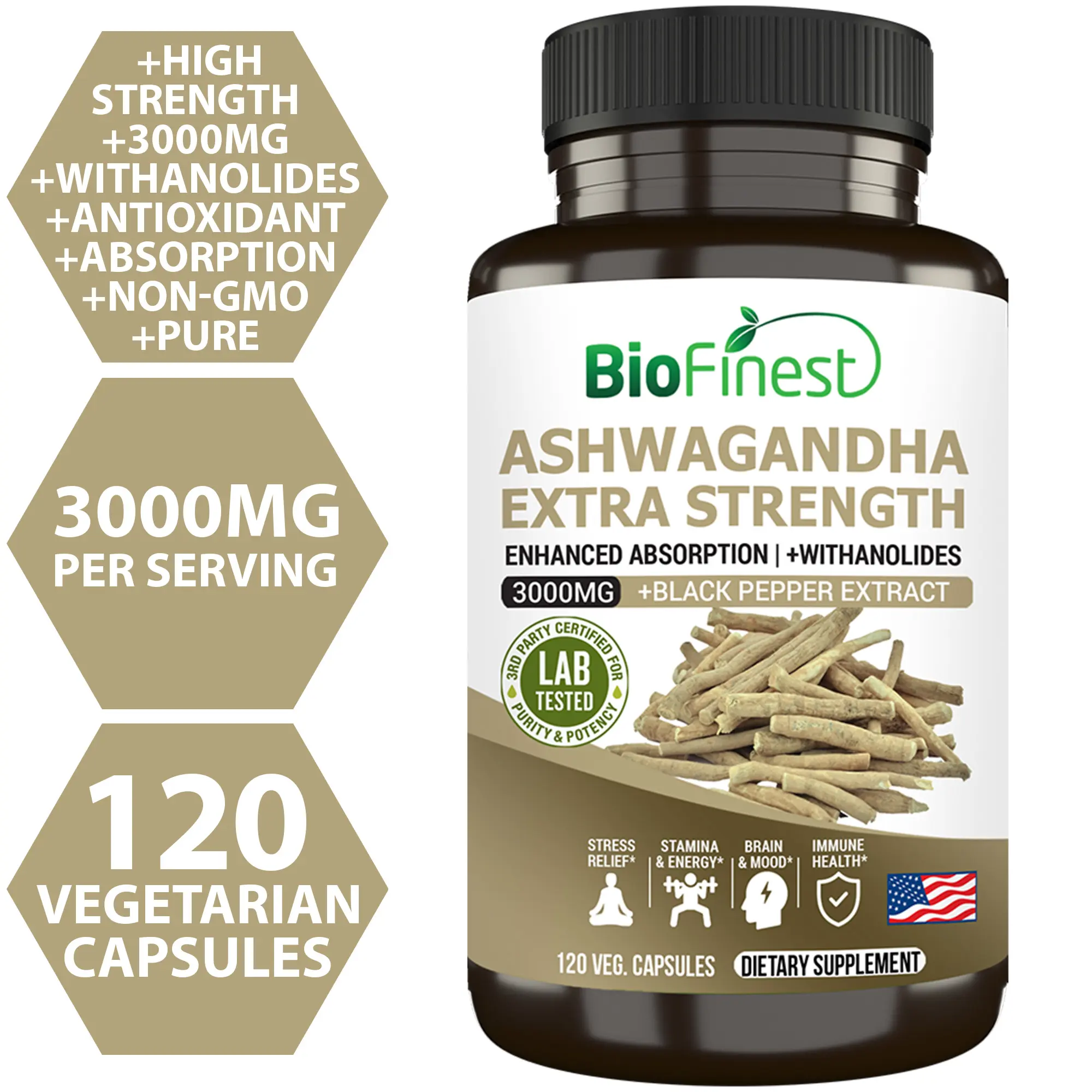 Biofinest Ashwagandha 3000mg Root Extract - Pure Non-GMO Organic Supplement - Support Stress Relief, Memory, Mood, Focus, Sleep & Immune Health (120 Veg. Capsules)