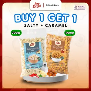 PopENjoy - [BUY 1 GET 1] POPCORN CARAMEL + BUTTER SEA SALT | Makanan Manis Crispy Camilan Sehat Popcorn Snack Jagung Cemilan Food Brown Jajanan Instant