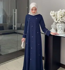 Gamis Muslimah KOndangan Bahan Ceruty Babydoll Miskha Dress Wanita Model Kekinian Mutiara Navy