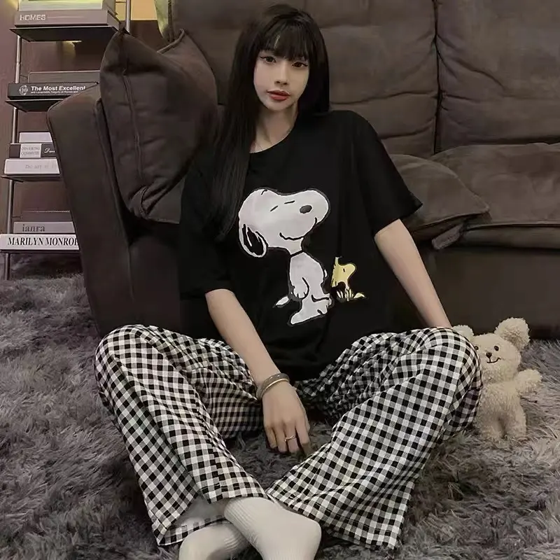 YBSS Setelan baju tidur wanita dewasa lembut serap keringat bahan katun polyester lengan pendek panjang celana panjang set piyama perempuan remaja terbaru kekinian motif karakter animasi lucu ukuran jumbo fit to XXL cocok untuk santai harian PY005 PY 6