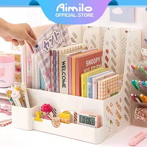 [Ready] Aimilo Rak Buku Desktop Organizer Plastik Tebal 325×304×263mm 4 Kompartemen dengan Kotak Pena