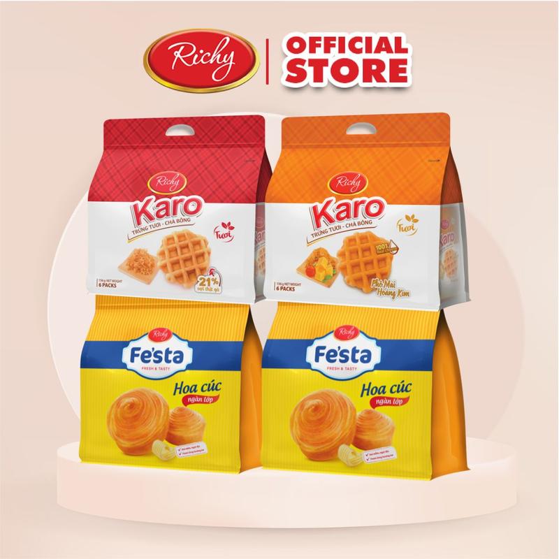  Combo 4 bánh mì tươi chà bông sợi gà Karo và bánh mì hoa cúc ngàn lớp Richy - Ăn Vặt - Snack bánh  keo 