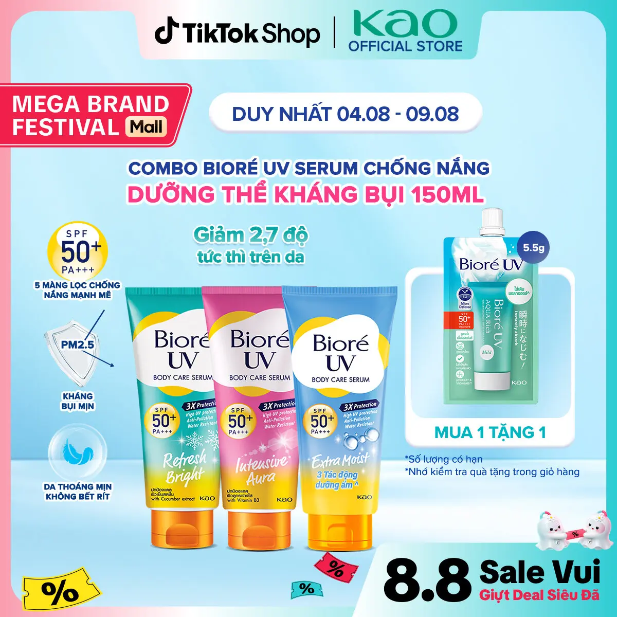 (Chọn loại) Biore Serum Chống Nắng Dưỡng Thể Hỗ Trợ Kháng Bụi 150ml SPF 50+ PA+++ kem chống nắng body biore
