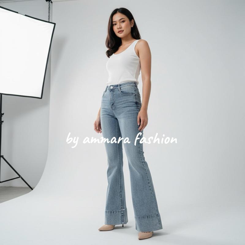 By Ammara Fashion - High Waist Jennie Cutbray Jeans Wanita Premium High Waist Lipatan Kaki Besar Bahan Streach Nyaman Untuk Ootd Size 27-34