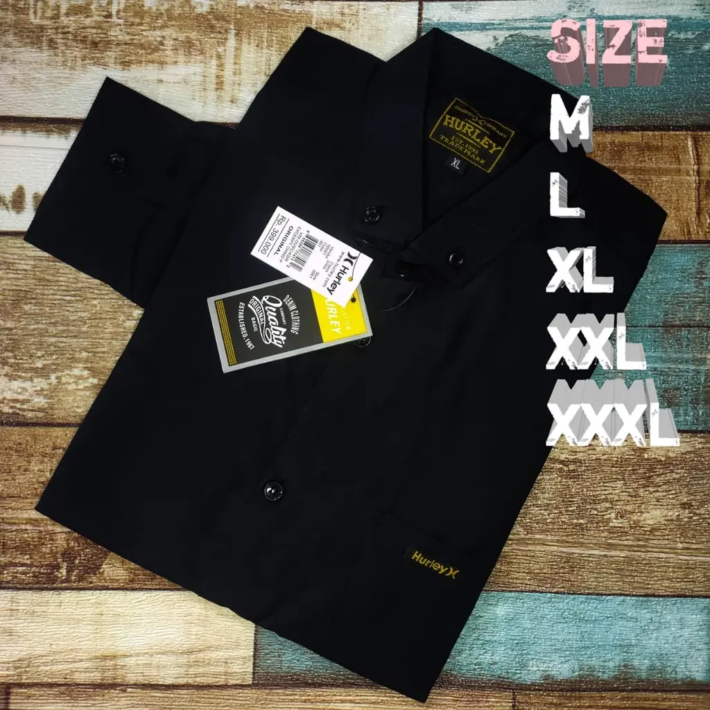 Kemeja Hitam Pria HURLEY Lengan Panjang Distro Hem Cowo Jumbo Premium