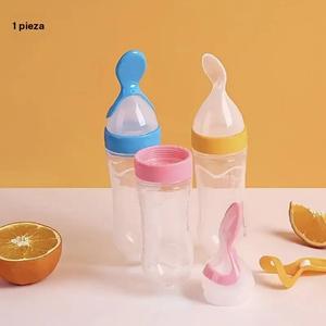 Botella de alimentación de silicona 90 ml/3 oz con cuchara y soporte - vajilla multifuncional para dispensar y alimentar alimentos (1 pieza)