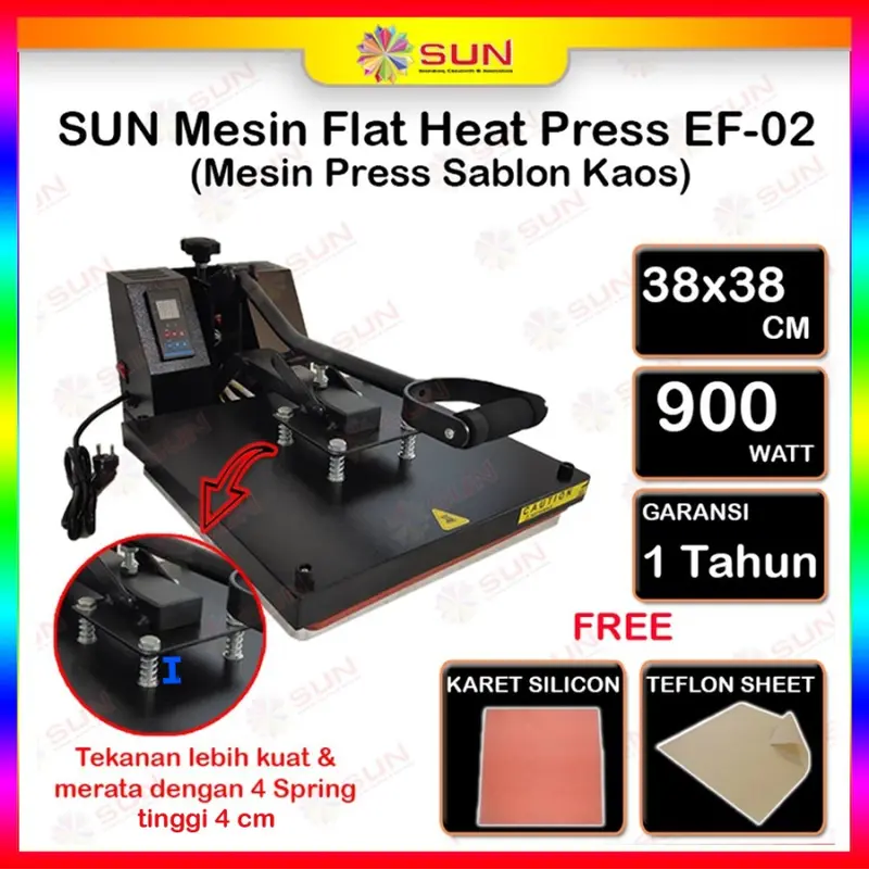 Mesin Press Sablon Kaos SUN 38x38 HIGH PRESSURE ( ALAS ALUMINIUM + KARET SILIKON ASLI )EF-01 / EF-02 /GKT untuk Kaos, Bag, Puzzle, Plat Aluminium, Bantal ( DTG, DTF, Polyflex, Sublime, Transfer Paper, Platisol, Rubber ) 1
