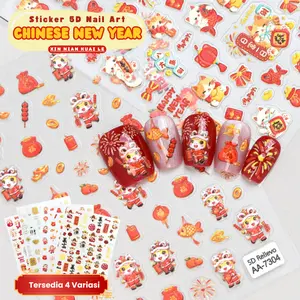 Stiker Kuku 3D Happy New Year Red Nail Art/Stiker Seri Merah Motif French/Pita Busur/Bunga Mawar/Dekorasi Kuku Manikur DIY Polish