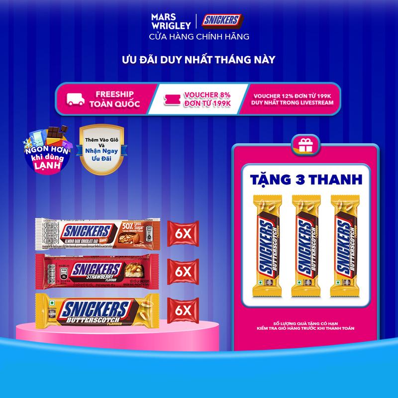 Tặng 3 thanh Snickers bơ đậu phộng Combo 18 Thanh Socola Snickers mix vị - 6 thanh vị bơ caramel 6 thanh vị dâu và 6 thanh vị hạnh nhân ít đường