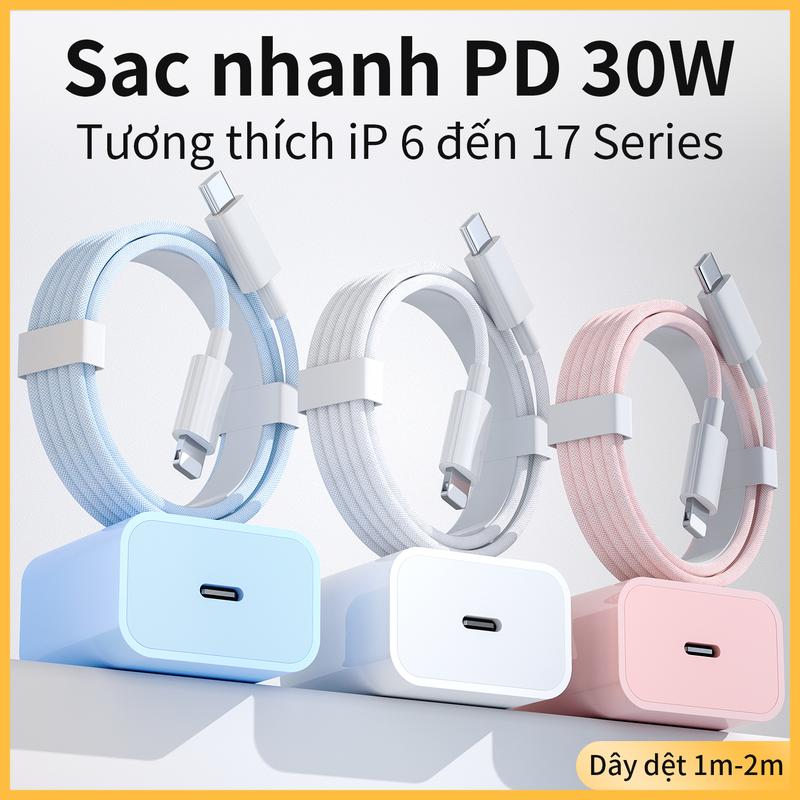 Sạc nhanh PD30W, Cáp sạc nhanh 1m/2m,Trắng / Xanh / hồng, Dây bọc dù, chắc chắn và bền bỉ,Bảo Hành Đổi Mới 12 Tháng