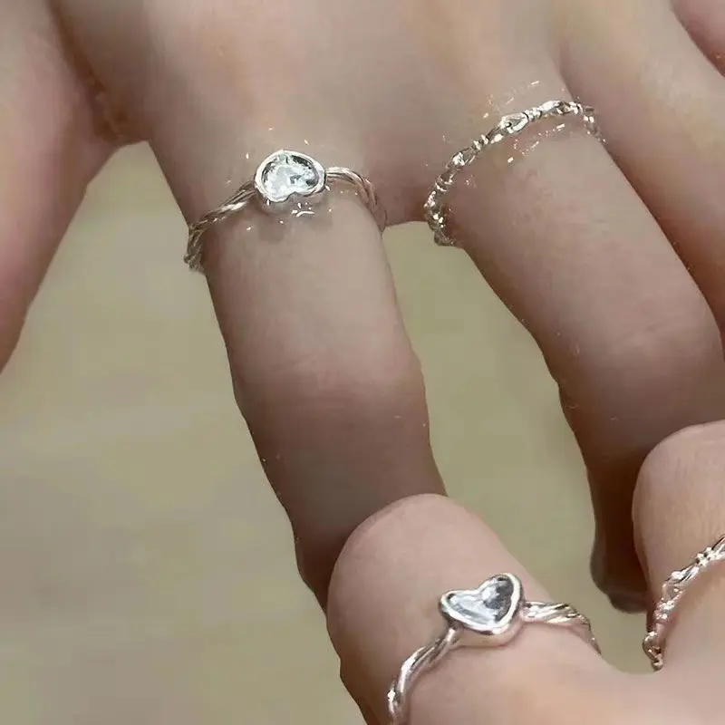 Nhẫn trái tim, xếp ly, dành cho nam và nữ, màu bạc, quà tặng cặp đôi, Hàn Quốc, phong cách Ins 4