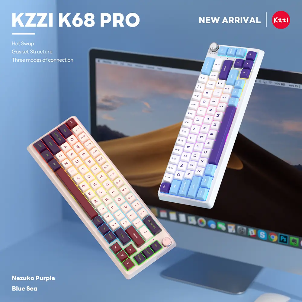 KZZI K68 PRO Nezuko Purple 75% with Color Multimedia Display Mechanical Gaming Keyboard Hot Swappable Gasket Mount RGB Custom Tri-mode Keyboard