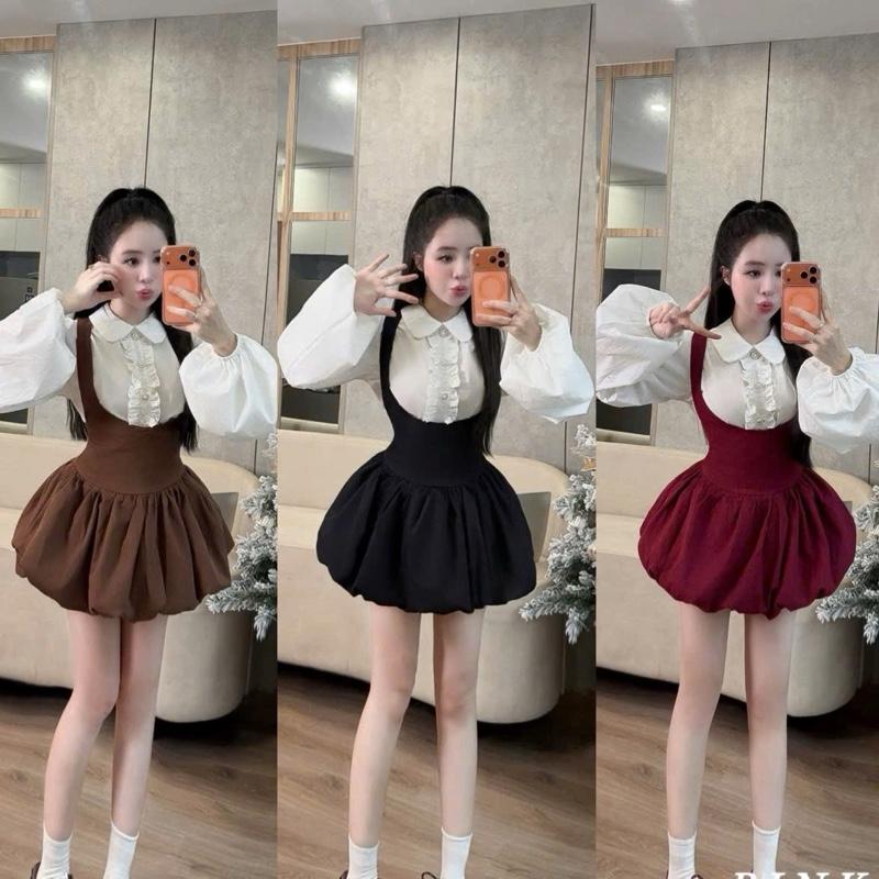 SET 2 CHI TIẾT: Áo Yếm Chân Váy Bí Mix Áo Sơ Mi Cổ Sen Cúc Ngọc Tay Dài - Hân Linh shop