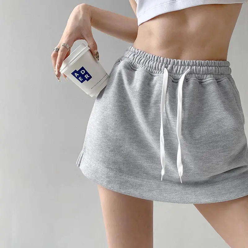 Women Short Skirt High Waist Elasticity Drawstring Spring Summer Solid Colour Slim Fit Casual Casual Sweet