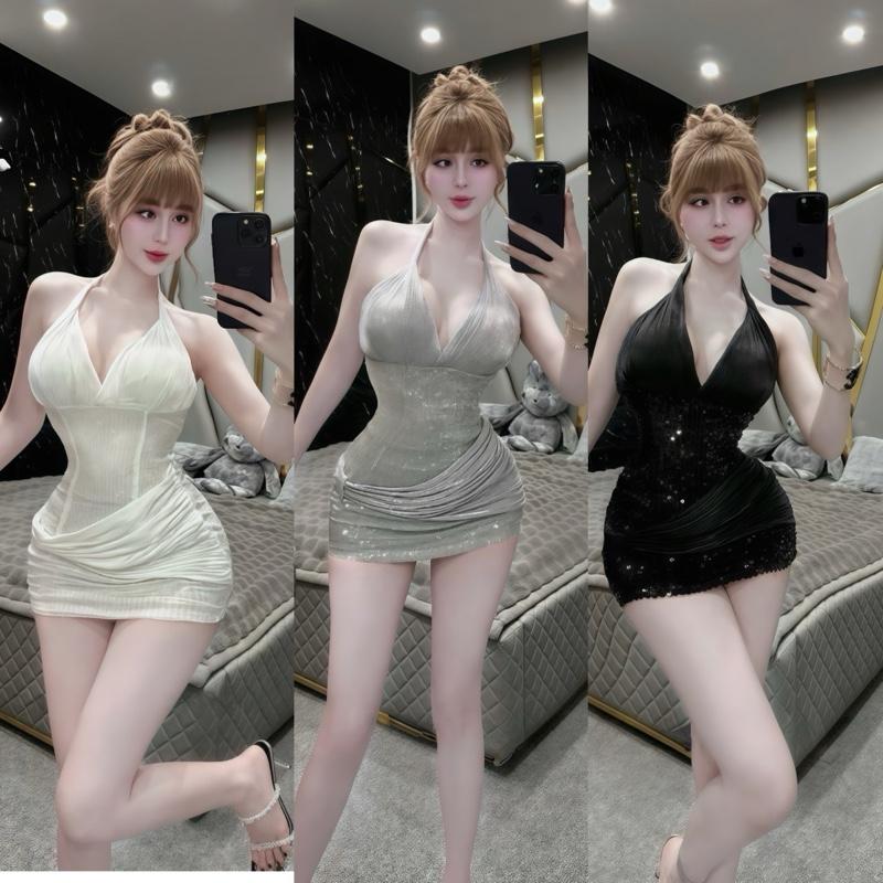  Đầm Váy Body Kim Sa Cổ Yếm Xoắn Dự Tiệc Phối Tơ Sang Chảnh  Kèm Lót  