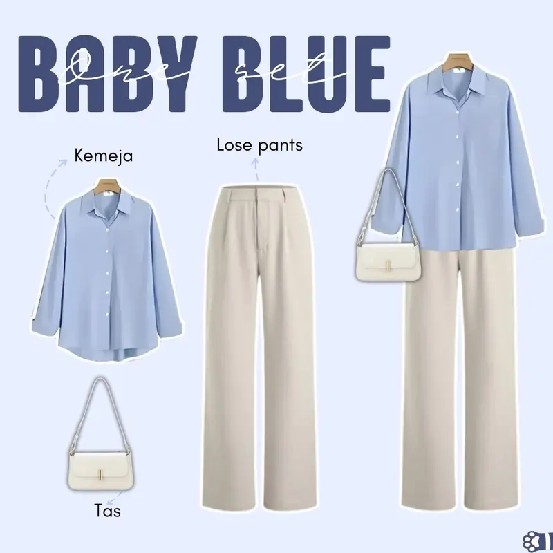 Baby Blue Oneset Celana 3in1 (Kemeja biru, celana ivory, dan tas putih) Korean style Wanita Cantik - PS12 0