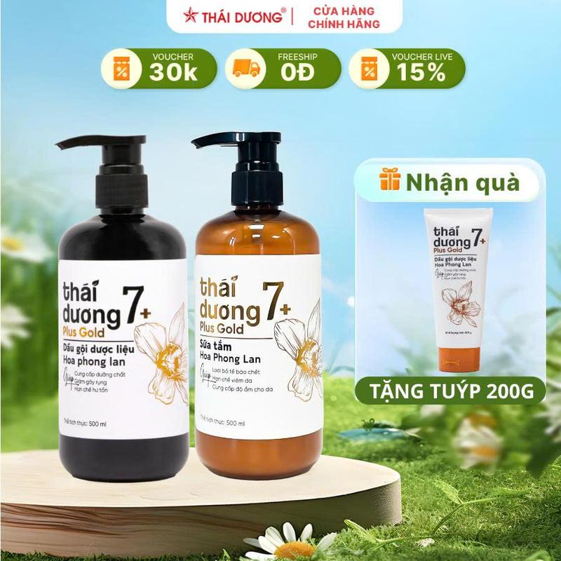 [Live - COMBO] Dầu gội Thái Dương 7 PLUS GOLD Hoa Phong Lan chai 500ml VÀ sữa tắm Thái Dương 7 Plus Gold (Chai 500ml, Hoa phong lan) TẶNG sữa tắm/dầu gội/Dầu xả 7 plus Gold (250ml/ 200ml Hoa Phong Lan) - Sao Thái Dương