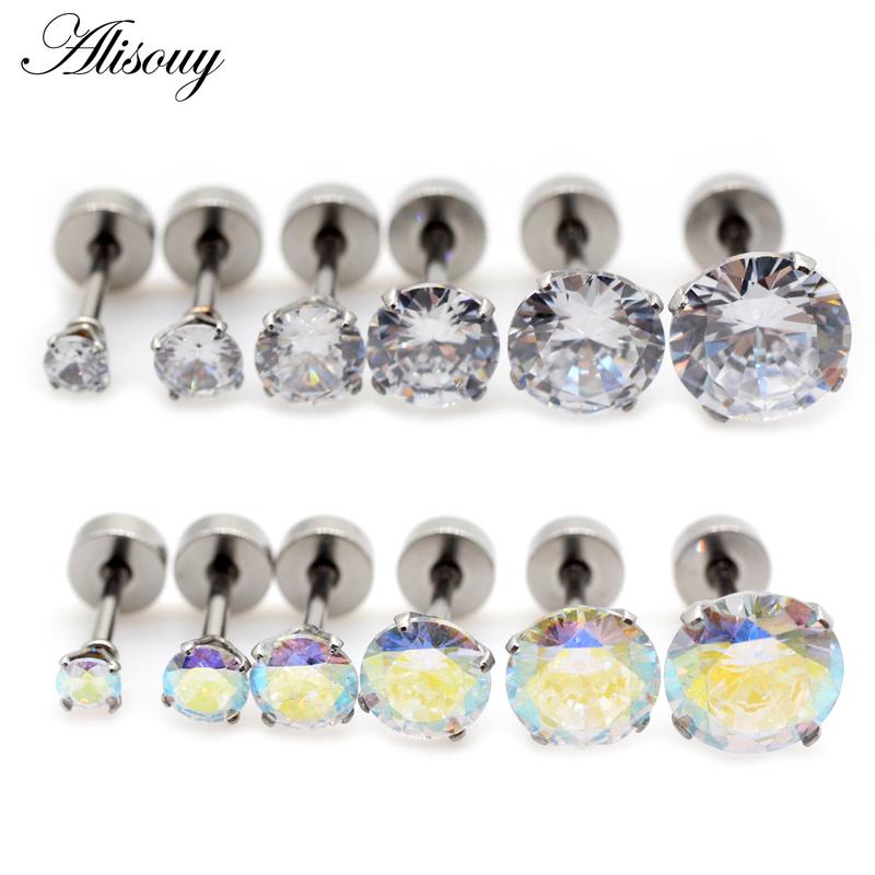 Alisouy 2pcs Unisex Women Men Round Crystal Zircon Stainless steel Ear Studs Earrings Barbell Tragus Cartilage Piercing Jewelry 1