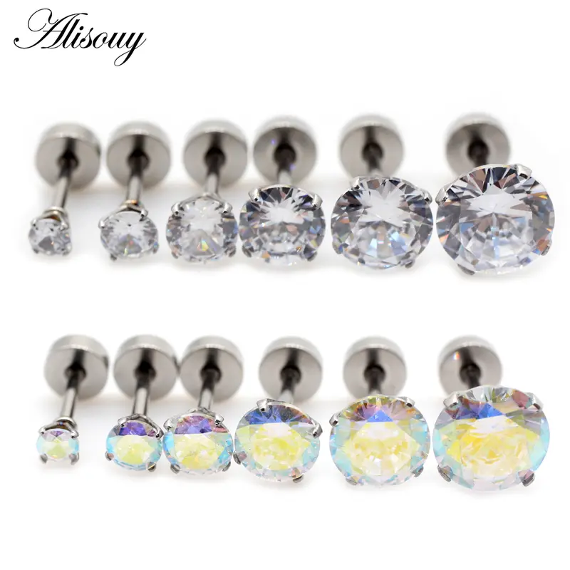 Alisouy 2pcs Unisex Women Men Round Crystal Zircon Stainless steel Ear Studs Earrings Barbell Tragus Cartilage Piercing Jewelry 1