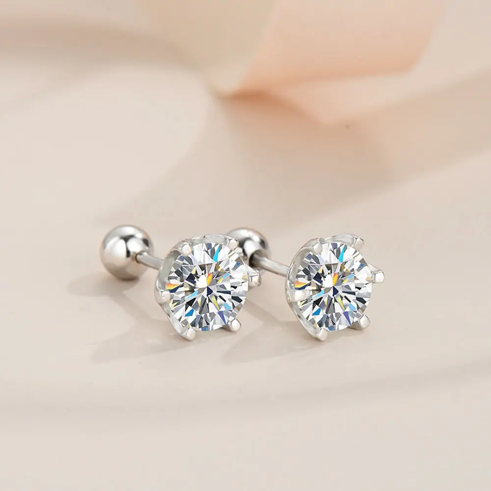 [056] Round Classic 6-Prong Synthetic Moissanite Stud Earrings 1Pair 0.3ct/0.5ct/1.0ct*2 925 Sterling Silver Women's Jewelry Anniversary Auspicious Birthday Daily Engagement