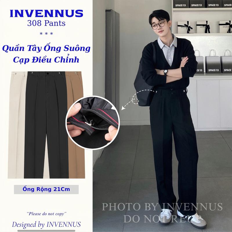Quần tây ống rộng INVENNUS, Cạp điều chỉnh - Smart Pants - Sidetab, quần âu ống suông phong cách hàn Menswear Nam Đen Nhung - 308