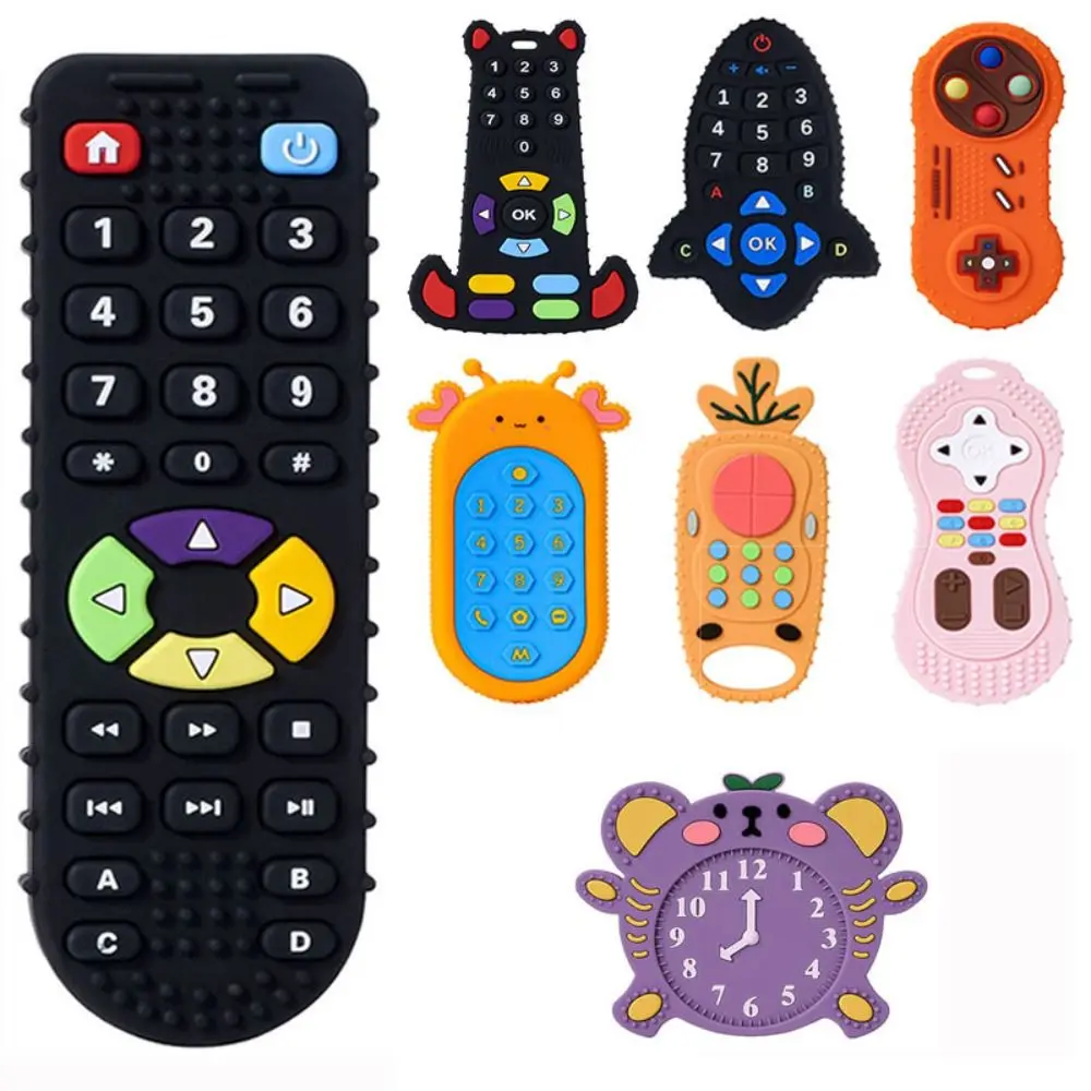 Silicone Baby Silicone Teether Cartoon Washable Kids Sensory Educational Pain Relief Teething Toy Rodent Gum Remote Control Shape Teether for Baby