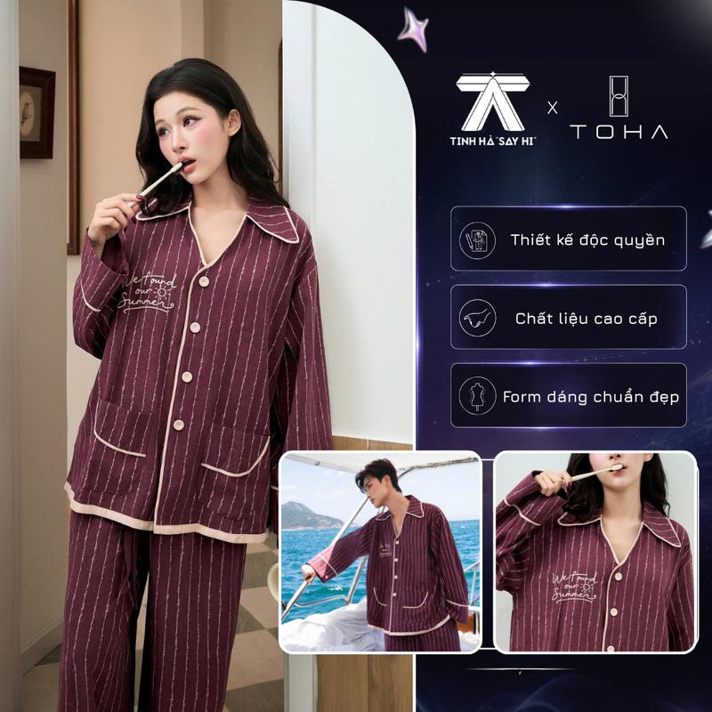 TINH HÀ "SAY HI" & TOHA HOMEWEAR | Pijama Cao Cấp SUMMER Cổ Bẻ Dài Tay Cao Cấp Vải Cotton Nhung Mềm Mịn