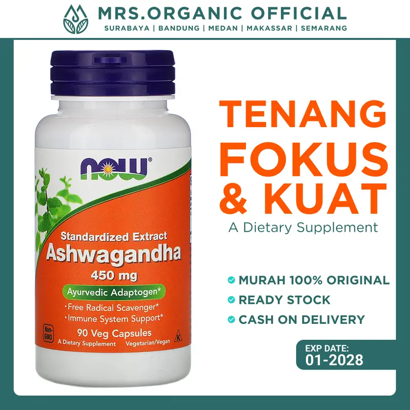 NOW Vitamin Ashwagandha 450mg Isi 90 Veg Capsules - Asli Herbal USA Redakan Stres & Dukung Imunitas 0