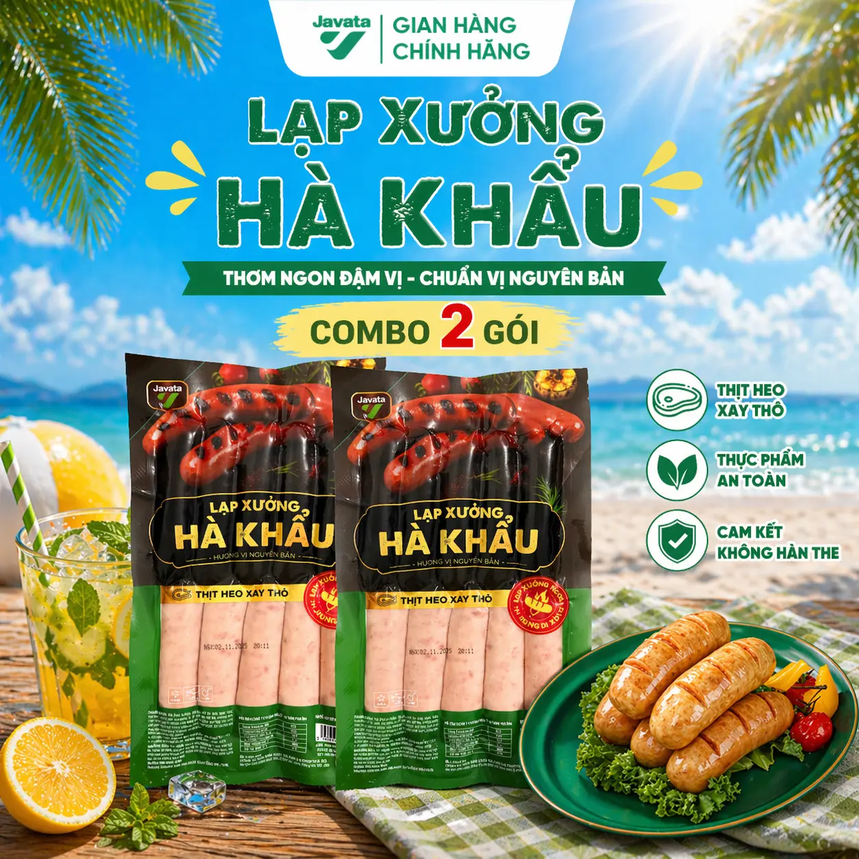 Lạp Xưởng Hà Khẩu Javata Nướng Đá 500g (10 cây) - Thơm Ngon Chuẩn Vị, Hương Vị Đặc Trưng Chuẩn Hà Khẩu, Thịt Heo Tươi, Dễ Ăn, Phù Hợp Nhiều Món