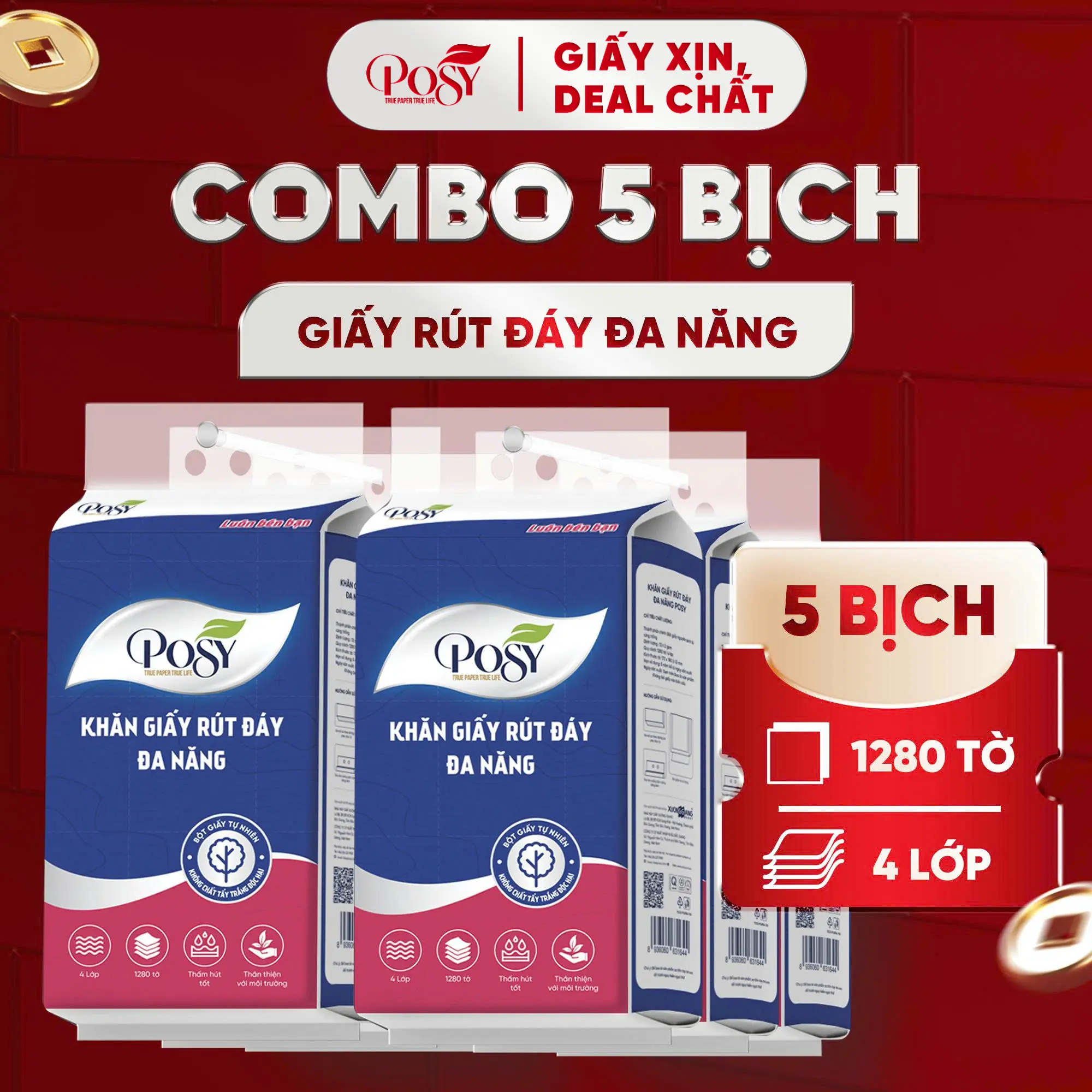 POSY [DEAL 3+2] Nhận ngay 5 bịch khăn Giấy Đa Năng Size TO,Khổ Lớn, Kính Thước (176X180mm), Treo Tường Rút Đáy 1280 Tờ 4 Lớp,320 Lượt Rút An Toàn Lành Tính Mềm Mịn Thấm Hút Tốt Thân Thiện Với Môi Trường