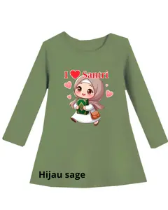 Dress Tunik Motif Gambar ANAK MUSLIM I LOVE SANTRI  Oblong Lengan Panjang Atasan Perempuan Usia 3-12 Tahun Gamis  Cewek Baju Kaos