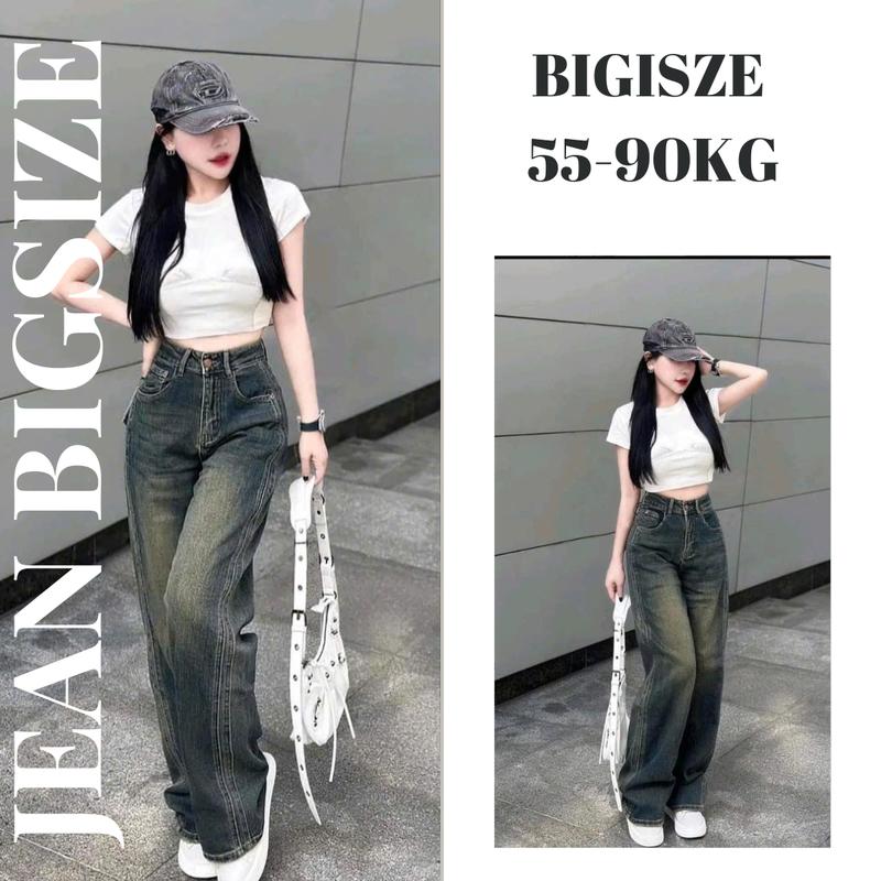  Bigsize 55-90kg Quần Jean Nữ Suông Ống Rộng Màu Xanh Đậm Mài Lưng Cao Không Giãn Phong Cách Hàn Quốc 2024 Demin hot hit 0100 Dài 103cm Pants Loang Women 