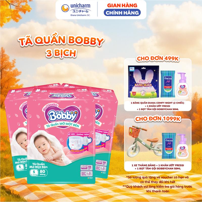 Combo 3 Tã bỉm quần Mở Một Bên Bobby - Tiện Lợi Dễ Mặc - Size NB 70+6 S 80 M 62 Miếng