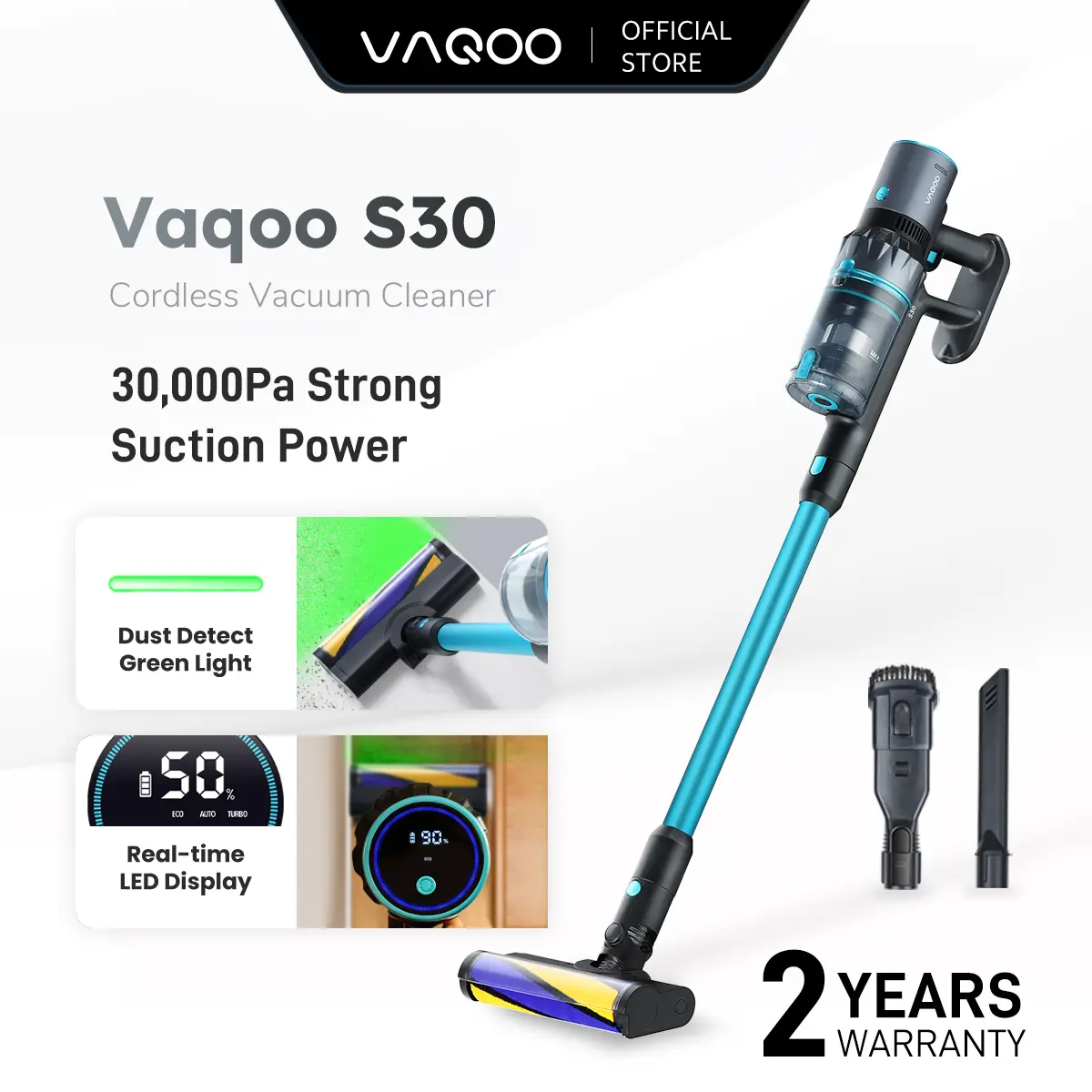 Vaqoo S30 Cordless Vacuum with Dust Detect Green Light 30,000Pa Suction Power