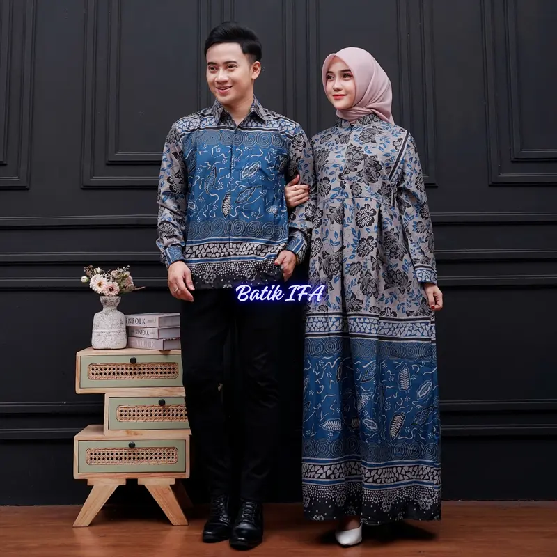 Baju Batik Couple Modern - Sarimbit Batik Kondangan Kekinian - Couple Gamis Batik dan Kemeja Polyester 8