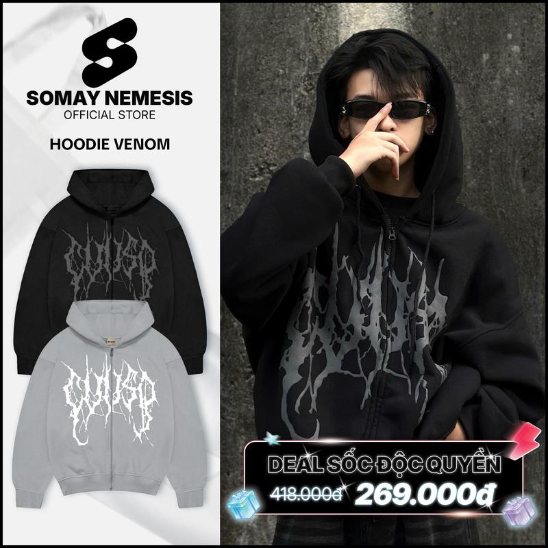 Áo khoác hoodie zip dây kéo 2 đầu chất nỉ bông dày dặn thêu nón nam nữ mặc cặp đôi local brand form rộng boxy mũ to mặc thu đông đi nắng unisex hoạ tiết dập nổi xám tiêu và đen menswear SOMAY NEMESIS