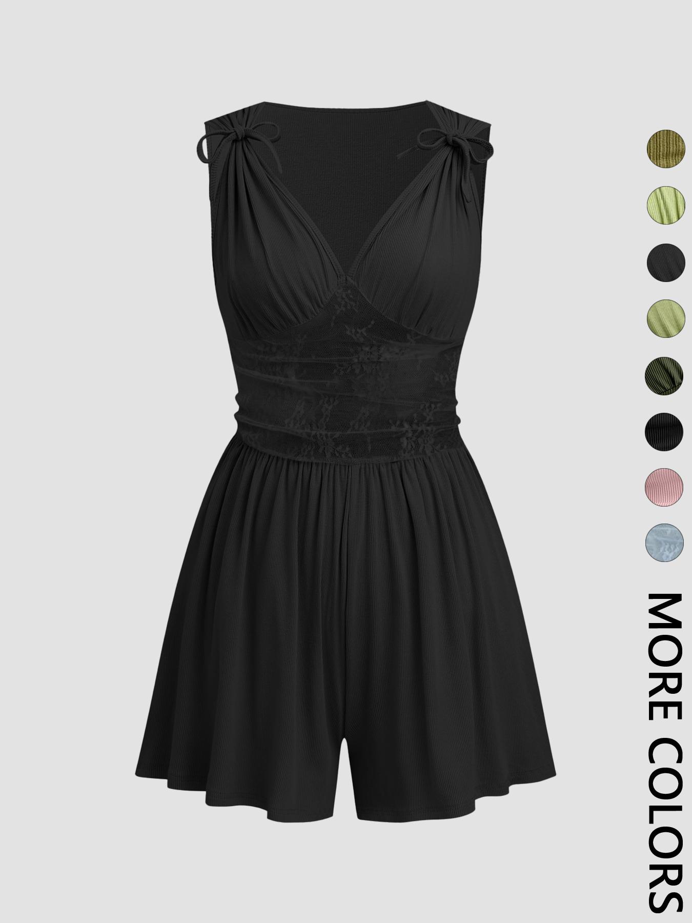 Women's Plain Ruched Deep V Neck Tank Romper, Elegant Sleeveless Romper For Summer, Fashion Casual Ladies Clothes For Daily Wear Women's Plain Ruched Deep V Neck Tank Romper, Elegant Sleeveless Romper For Summer, Fashion Casual Ladies Clothes For Daily Wear