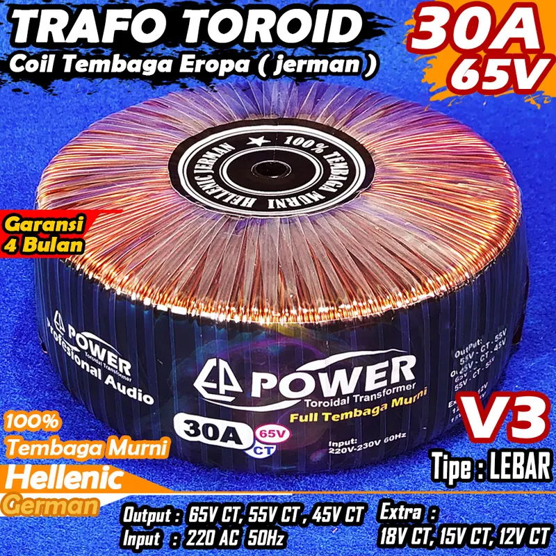 Trafo Toroid | Trafo Donat CT 65V 55V 30A (MURNI) Extra CT 12V 15V 18V Full Tembaga Murni Helecnic Jerman 4